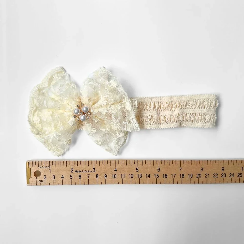NWT Pretty Boutique Girls Beaded Lace Bow Headband Cute Hair Accessories Cream